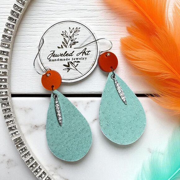 Hand-Painted Showgirl Inspired Turquoise Teardrop Glitter Accent Earrings - Picture 1 of 5